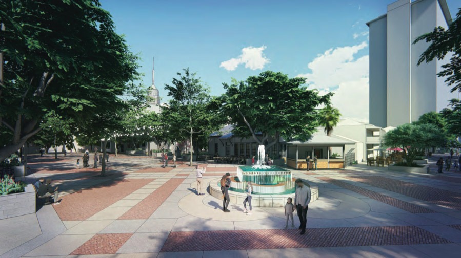 Rendering of Maverick Plaza renovation shows the fountain moved from the plaza's center closer to South Alamo Street. Courtesy Fisher Heck Architects