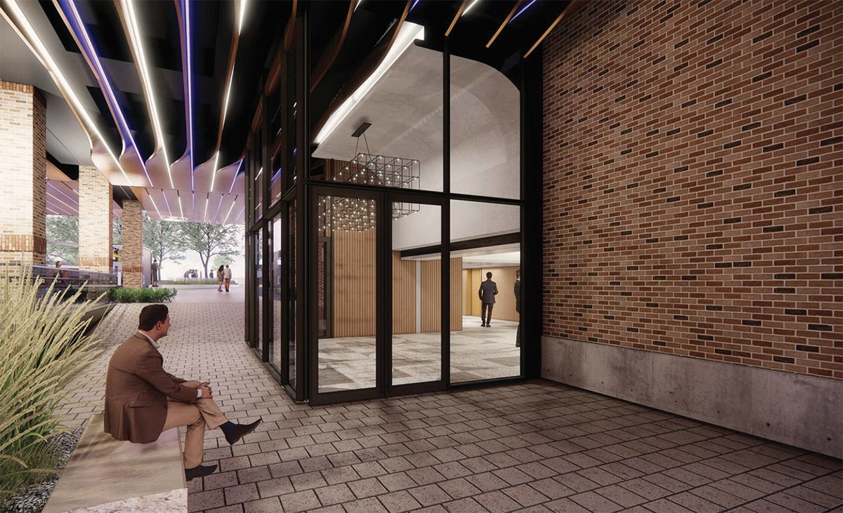 BH Properties plans to upgrade the offices of this former CPS Energy building at 146 Navarro St. View of the breezeway. Courtesy Gensler | MP Studio