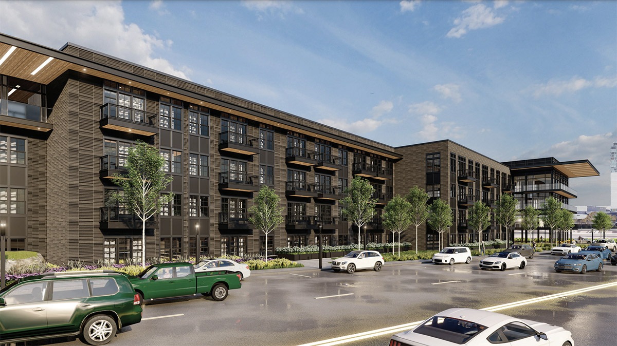 Vaquero Ventures of Fort Worth is planning to build a 340-unit apartment building at 1220 E. Commerce St. in east downtown. Renderings sent to the HDRC on May 16, 2022. Courtesy Merriman Anderson Architects