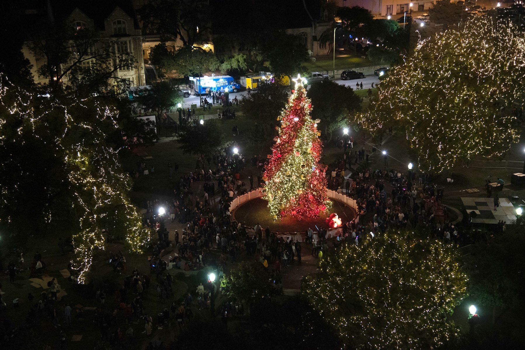 The H-E-B Christmas tree is lit on Friday at Travis Park. <em><b>Photo by V. Finster | Heron</b></em>