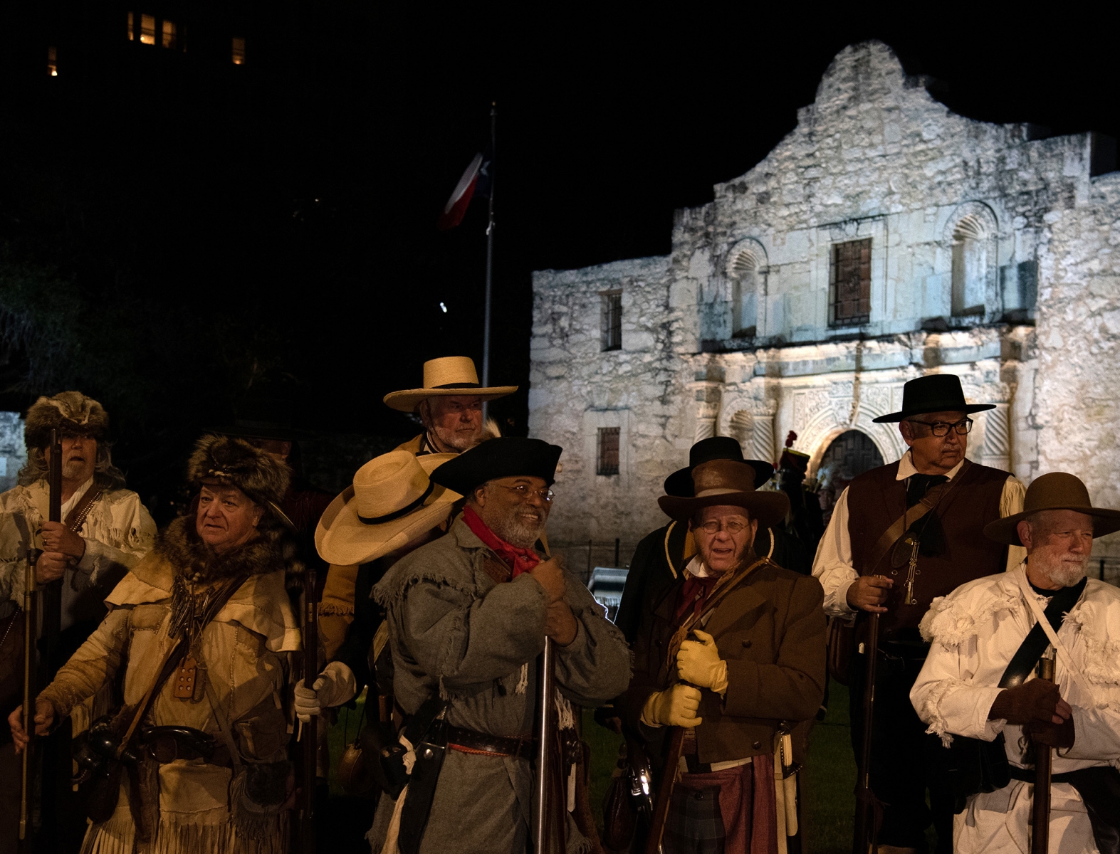 Re-enactors portray soldiers during the Dawn at the Alamo ceremony March 6, 2019, at Alamo Plaza.
