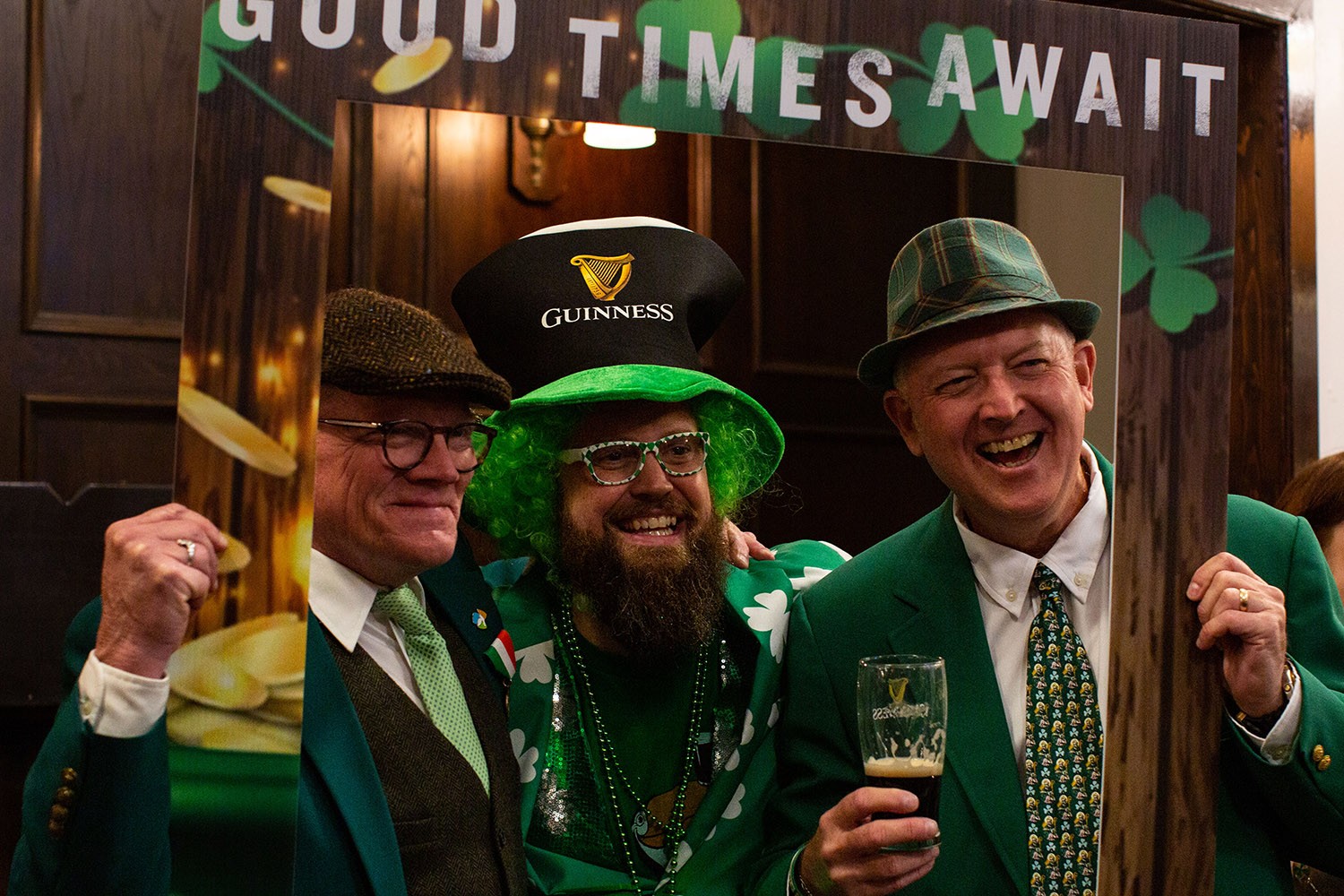 A group celebrating St. Patrick’s Day poses for a photograph at Waxy O’Connor’s Irish Pub in downtown San Antonio, Texas, on Thursday, March 17, 2022. Photo by Kaylee Greenlee Beal | @kgreenleephoto | Heron contributor
