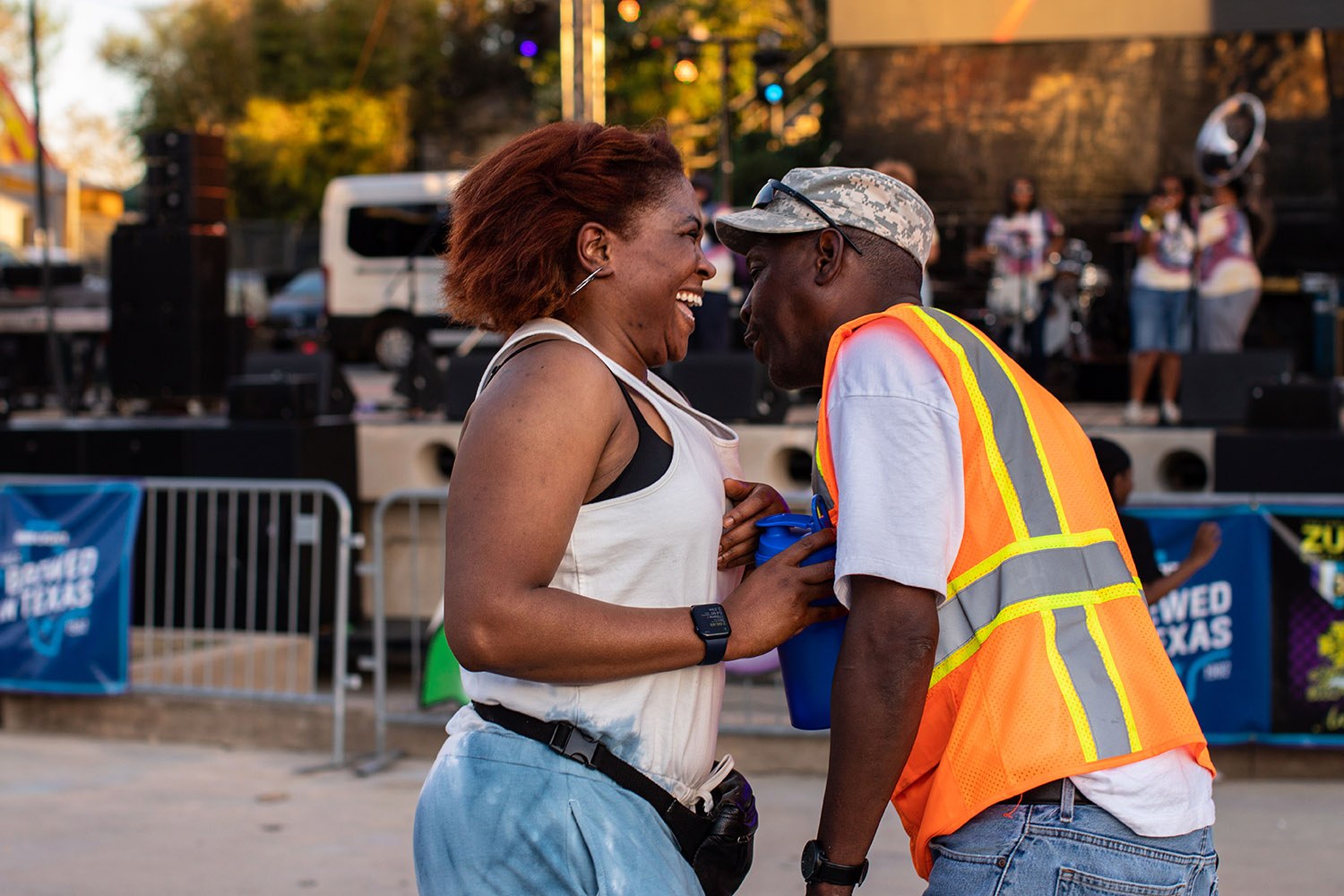 A couple dances while listening to a jazz band perform during A Taste of New Orleans, the 35th edition of the Fiesta event, on Saturday evening, April 2, 2022, at Sunken Garden Theater in San Antonio, Texas. Photo by Kaylee Greenlee Beal | Heron contributor