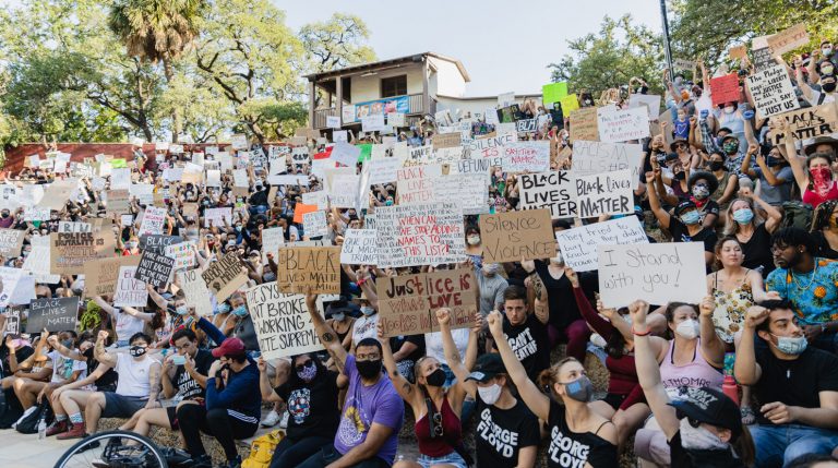 The Arneson River Theatre is packed with Black Lives Matter protestors Monday afternoon.