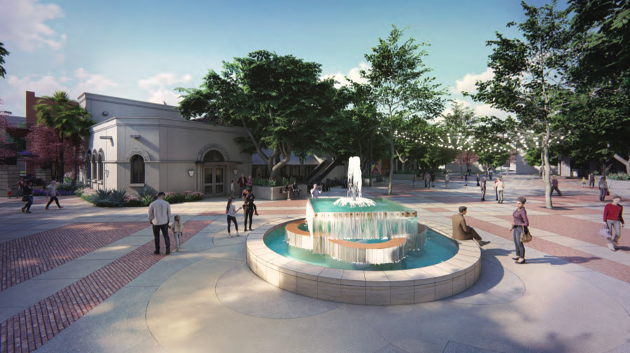 Rendering of Maverick Plaza renovation shows the fountain moved from the plaza's center closer to South Alamo Street.