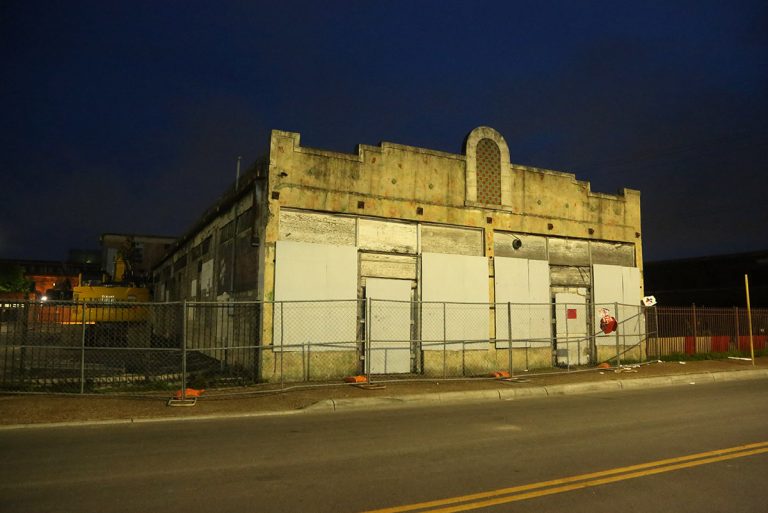 The Whitt building as it stands 821 W. Commerce St. on the night of May 30, 2021. Facade faces West Houston Street.
