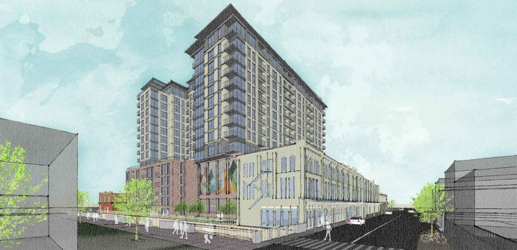 The 15-story, 255-unit Weston Urban development from the perspective of West Commerce Street.