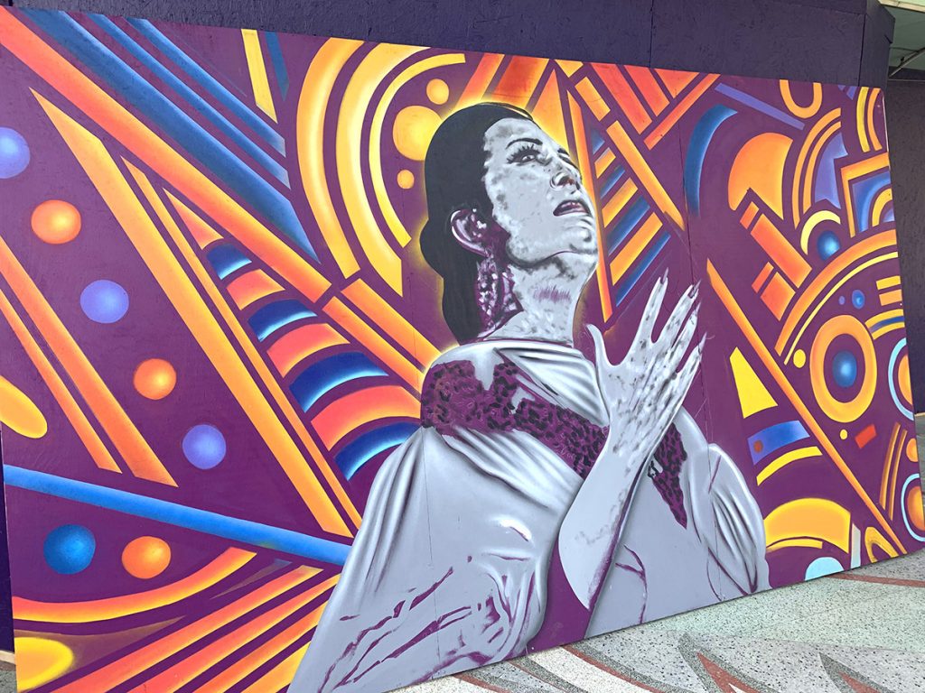 A mural by local artist Alan Calvo of legendary singer Lola Beltran is placed outside the Alameda Theater, 318 W. Houston St. where it will permanently stand once the renovation is completed.