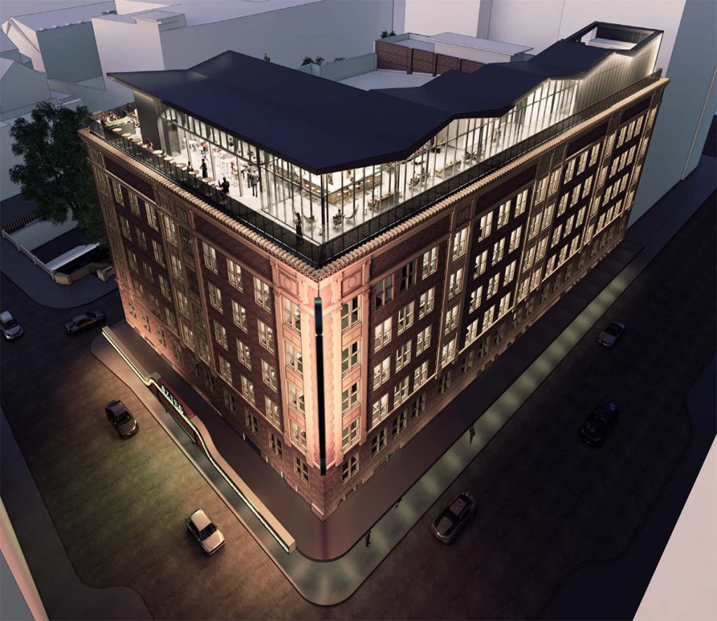 Renderings show the addition of a boutique hotel inside the Aztec Theater building, 104 N. St. Mary’s St. A rooftop restaurant and bar are included.
