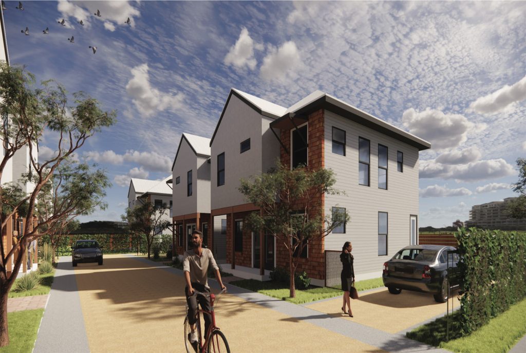 A single-family home development called CherryCourt. is being planned by Mint Development of San Antonio for two vacant lots on the 1000 block of North Cherry Street in Dignowity Hill Historic District on the near East Side. This rendering shows the interior courtyard.
