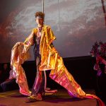 Alejo Peña Soto models one of Agosto Cuellar’s designs during a fashion show at the WEBB Party on Friday night, April 1, 2022, at the Aztec Theater in downtown San Antonio, Texas. Photo by Kaylee Greenlee Beal | Heron contributor