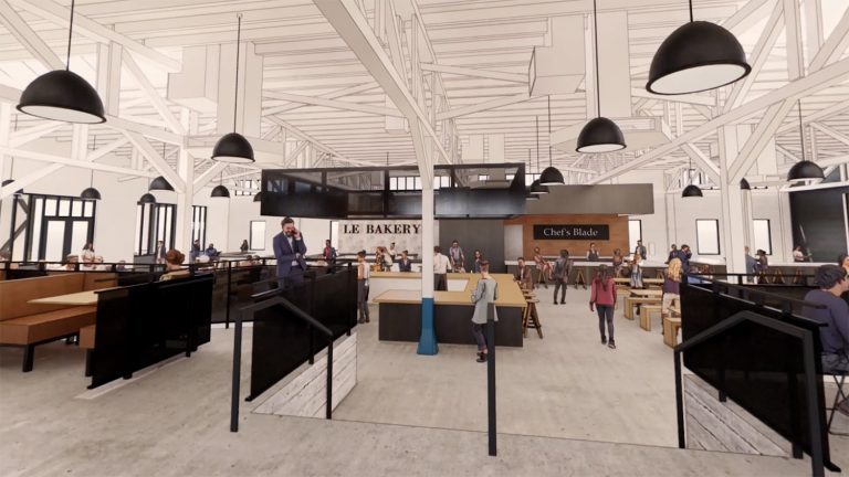 This rendering shows the Ready Made Market inside a former Cavender Cadillac dealership building behind The Soto office building, 711 Broadway.