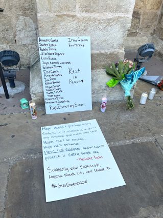 More than 100 mourners gathered in front of San Fernando Cathedral in downtown San Antonio early Wednesday evening, May 25, 2022, following the murder of 19 children and two teachers at Robb Elementary in Uvalde, Texas, the day before. Photo by Ben Olivo | Heron