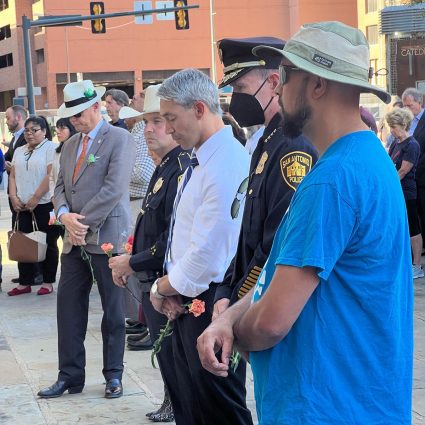 More than 100 mourners gathered in front of San Fernando Cathedral in downtown San Antonio early Wednesday evening, May 25, 2022, following the murder of 19 children and two teachers at Robb Elementary in Uvalde, Texas, the day before.