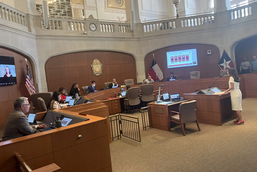 Veronica Garcia, director of the city's Housing and Neighborhood Services Department, speaks before the City Council during a B session on Aug. 10, 2022, about the housing bond in City Council chambers in San Antonio, Texas.