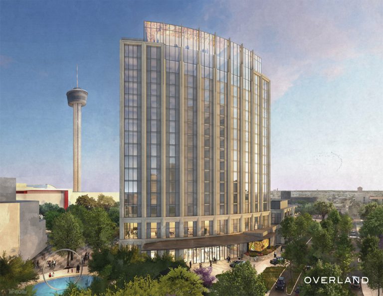 Renderings submitted by the Hemisfair Park Public Facilities Corp. show a 17-story, mixed-use tower to be built at Hemisfair at 222 S. Alamo St. The plans were scheduled to be presented to the Historic and Design Review Commission on Sept. 7, 2022.