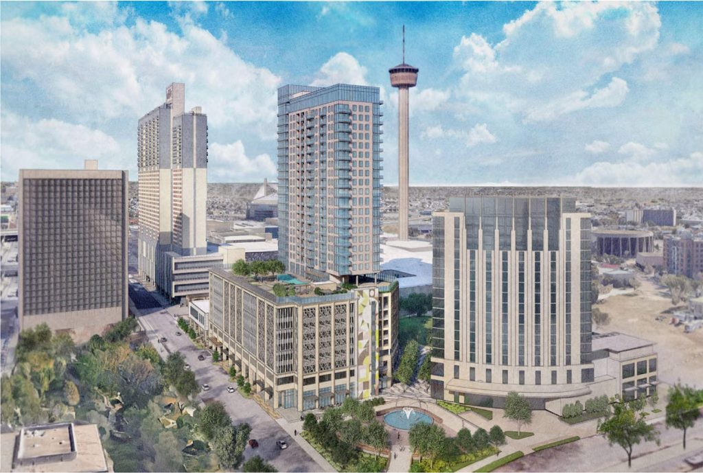 A 29-story residential tower and a three-level retail building are planned for East Market Street at Hemisfair in San Antonio, Texas, as shown in these renderings submitted for the Oct. 19, 2022, Historic and Design Review Commission meeting. Developer Post Lake Capital Partners of Austin is building the market-rate apartments and retail space.