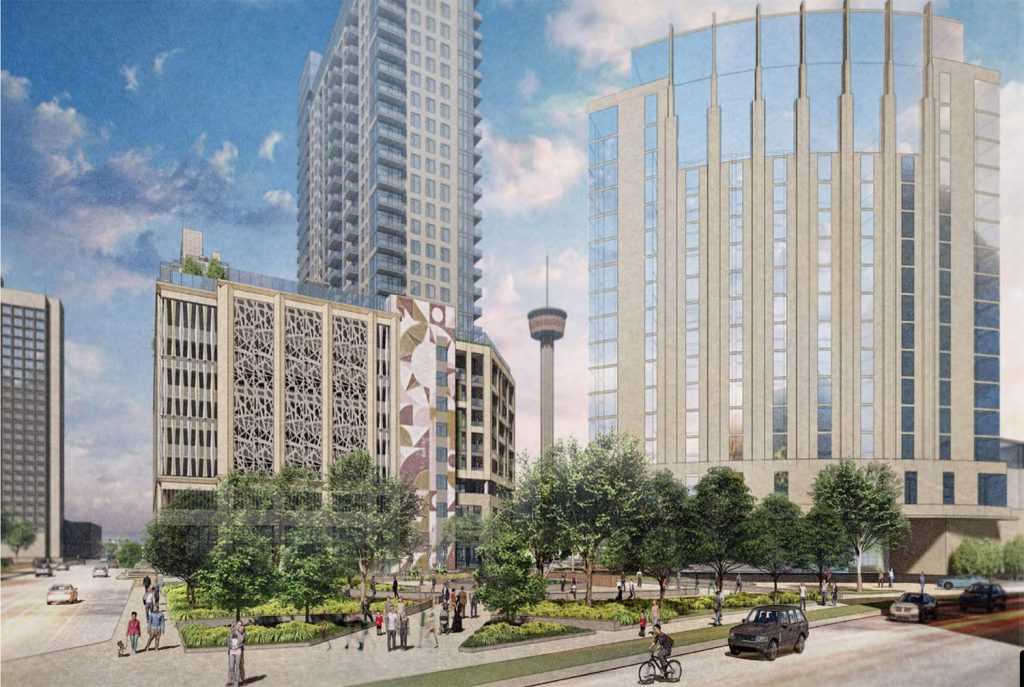 A 29-story residential tower and a three-level retail building are planned for East Market Street at Hemisfair in San Antonio, Texas, as shown in these renderings submitted for the Oct. 19, 2022, Historic and Design Review Commission meeting. Developer Post Lake Capital Partners of Austin is building the market-rate apartments and retail space.